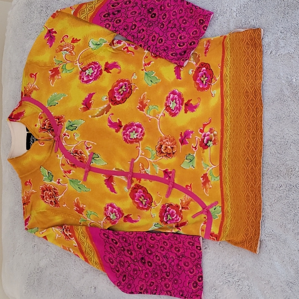 CHRISTINA ROTELLI silk spring top, bright colors of fushia, orange, yell…